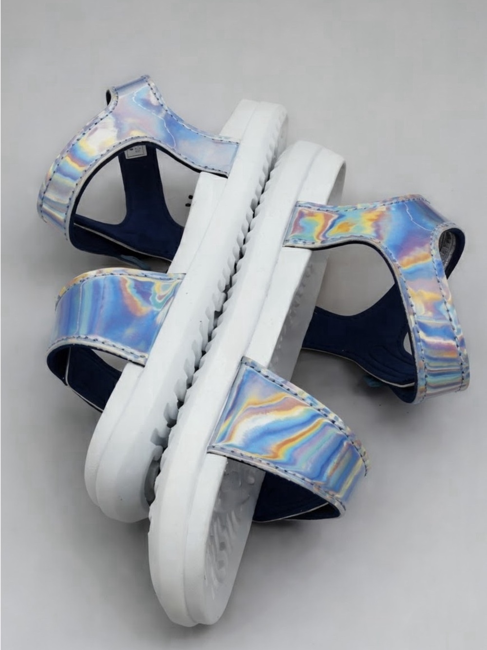 Native Kids Holographic Blue-Strap Sandals with White Sole